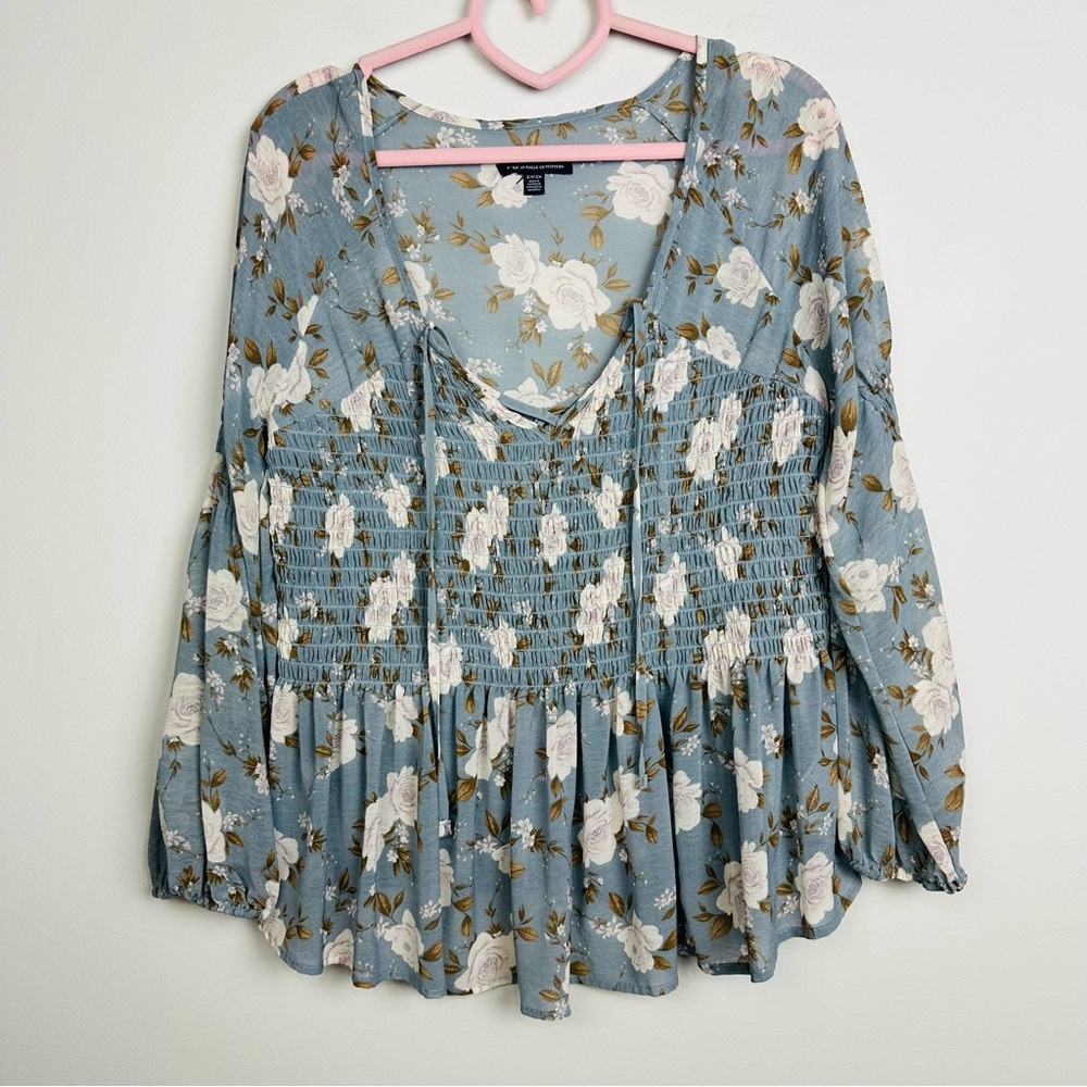 American Eagle Outfitters Light Blue Floral Smocked Blouse